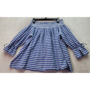 JORDANN Blouse Top Womens Large Blue Striped Cotton Long Sleeve Off The Shoulder